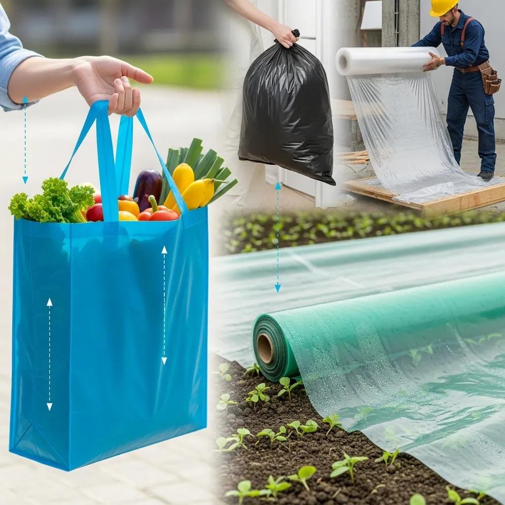 Applications of HDPE film in shopping bags and agricultural uses demonstrating strength and versatility
