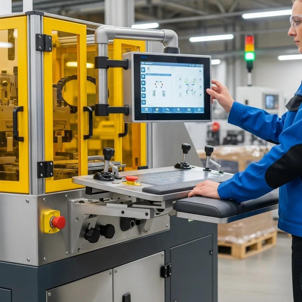 Close-up of ergonomic features on a loop handle bag making machine, showcasing user-friendly controls