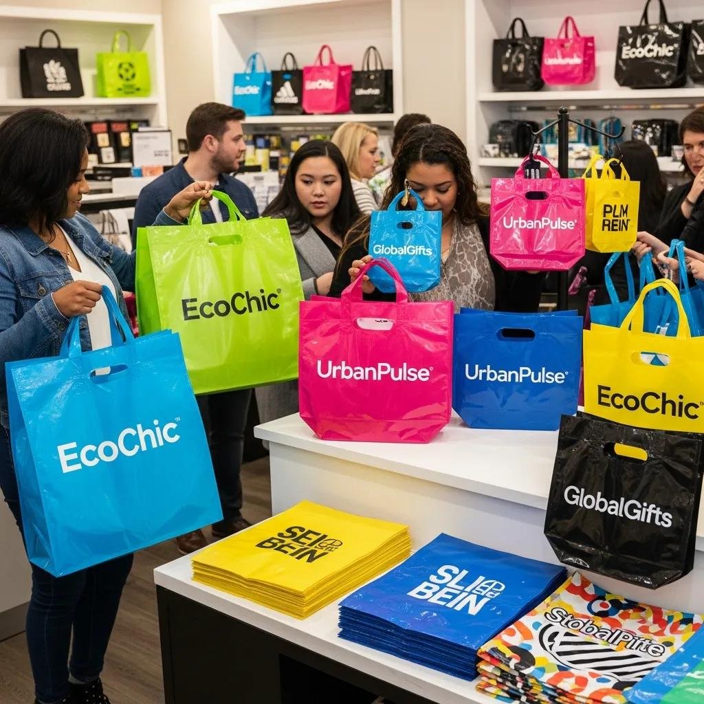Custom plastic bags with vibrant branding designs in a retail setting, enhancing product visibility