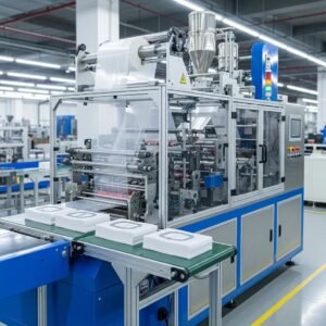 Ergonomic plastic bag making machine in action, producing loop handle bags in a modern factory