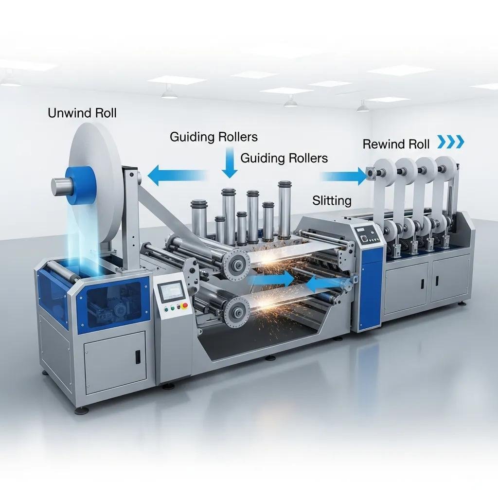 Illustration of slitting machine functions in plastic and paper industry