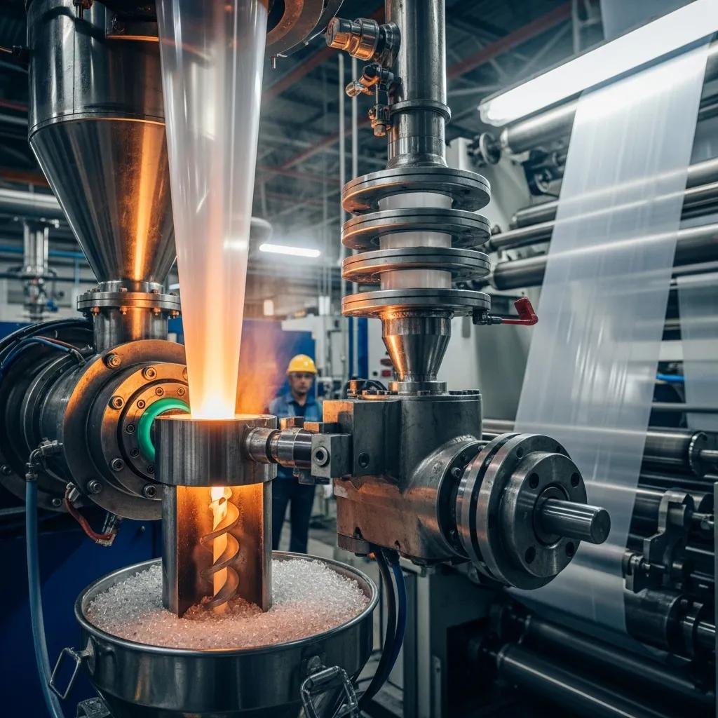 Illustration of the HDPE film production process showing extruder and die head in action