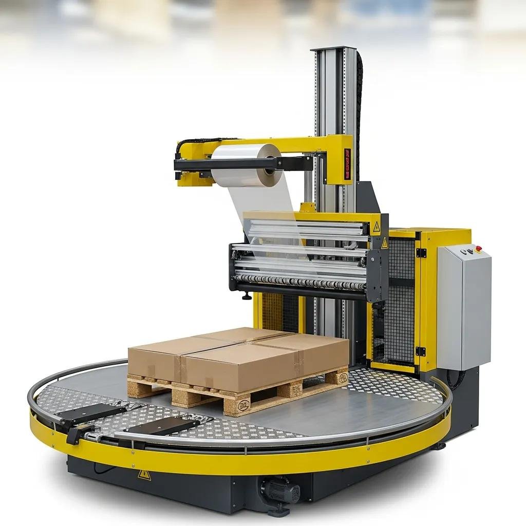 Key components of a pallet wrapping machine, illustrating its structure and functionality
