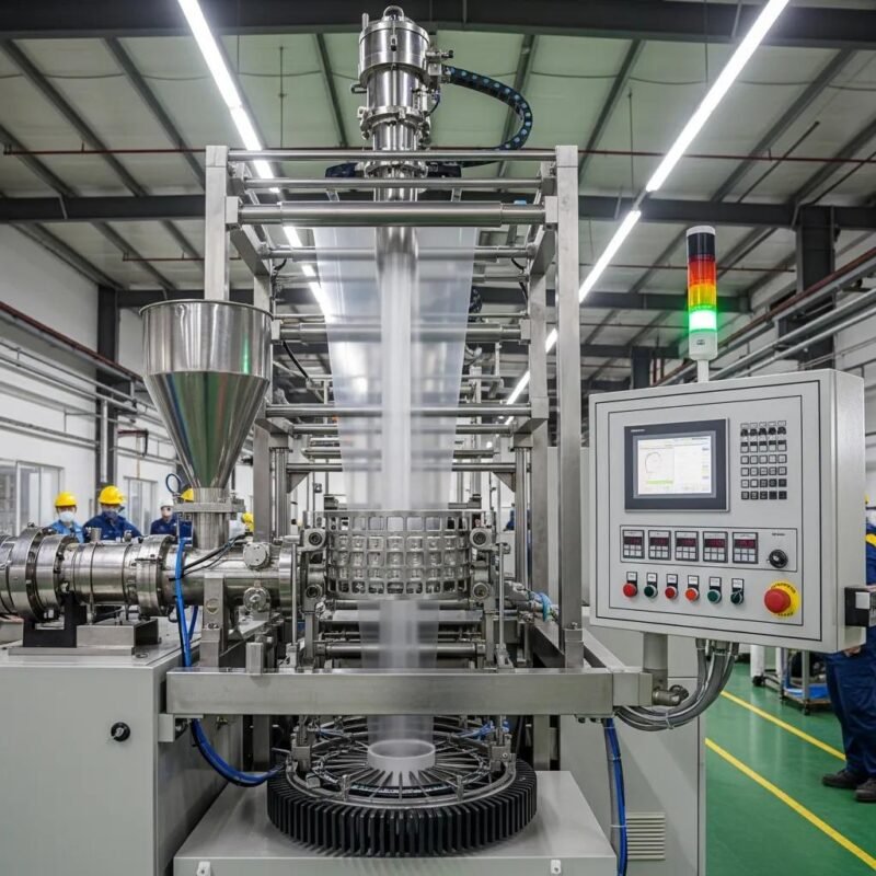 Modern HDPE blow film machine producing high-strength plastic film in a factory