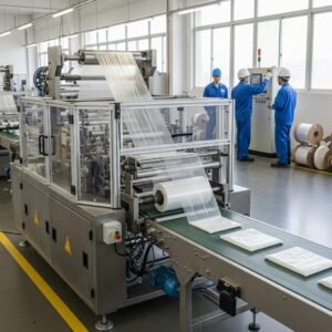 Modern industrial plastic bag manufacturing machine in action, highlighting efficiency and technology