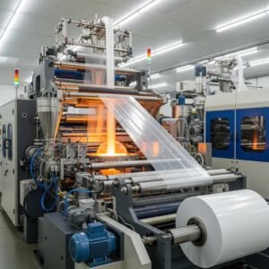 Modern LDPE blow film machine producing flexible film in a factory setting