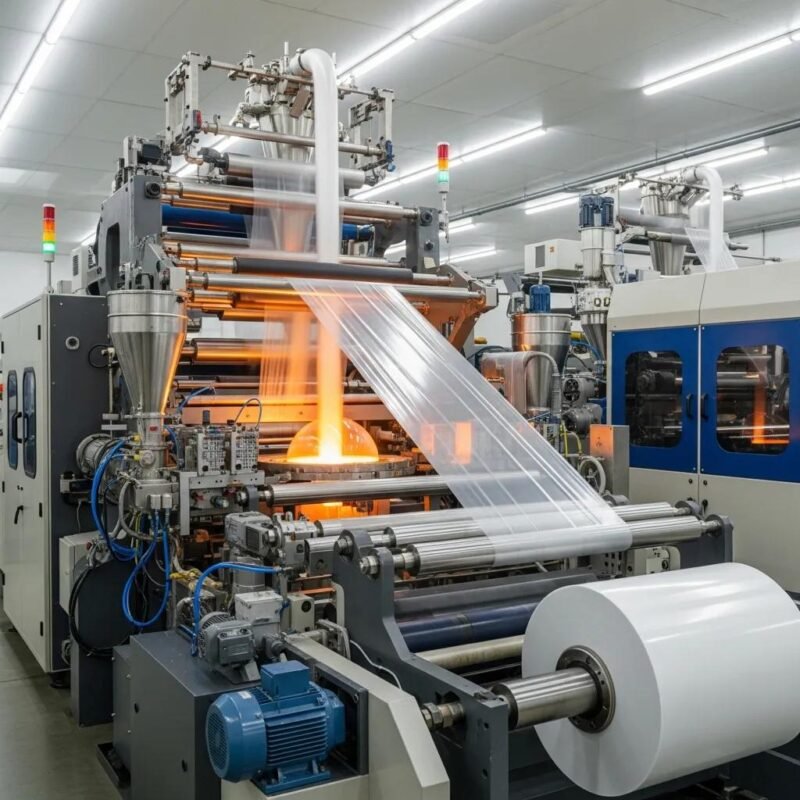 Modern LDPE blow film machine producing flexible film in a factory setting