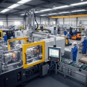 Modern plastic production machine in a factory setting, highlighting advanced technology and efficiency