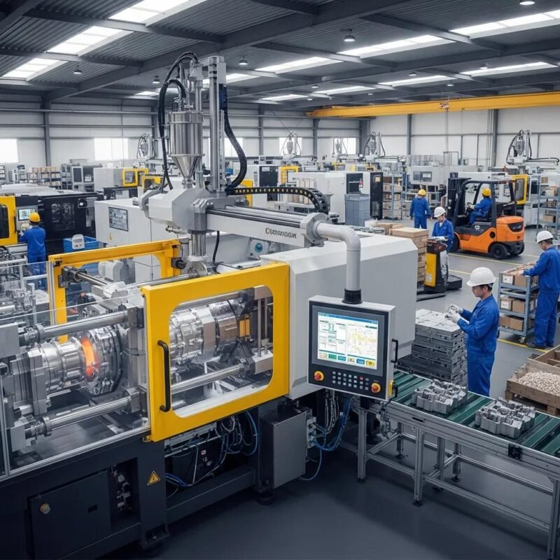 Modern plastic production machine in a factory setting, highlighting advanced technology and efficiency