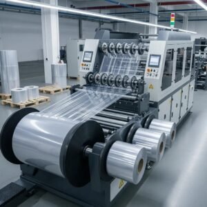 Modern slitting machine cutting plastic film in an industrial setting