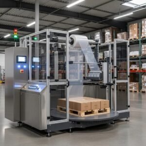 Modern stretch film wrapping machine in action, demonstrating industrial packaging efficiency