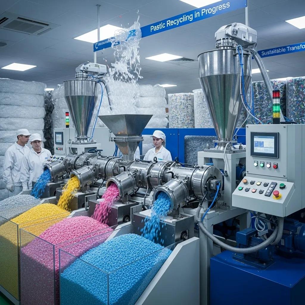 Plastic recycling machine in operation, illustrating the transformation of waste into reusable pellets