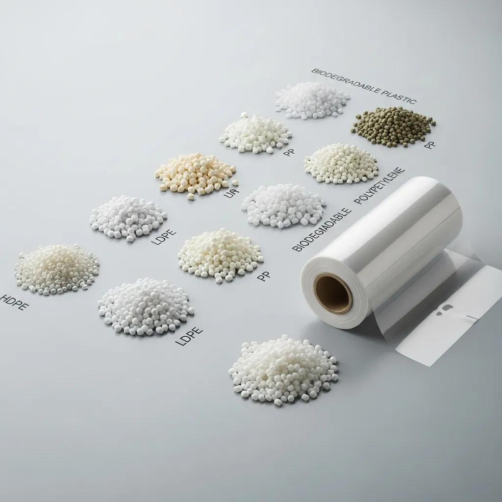 Raw materials for plastic bag production including HDPE, LDPE, PP, and biodegradable plastics displayed aesthetically