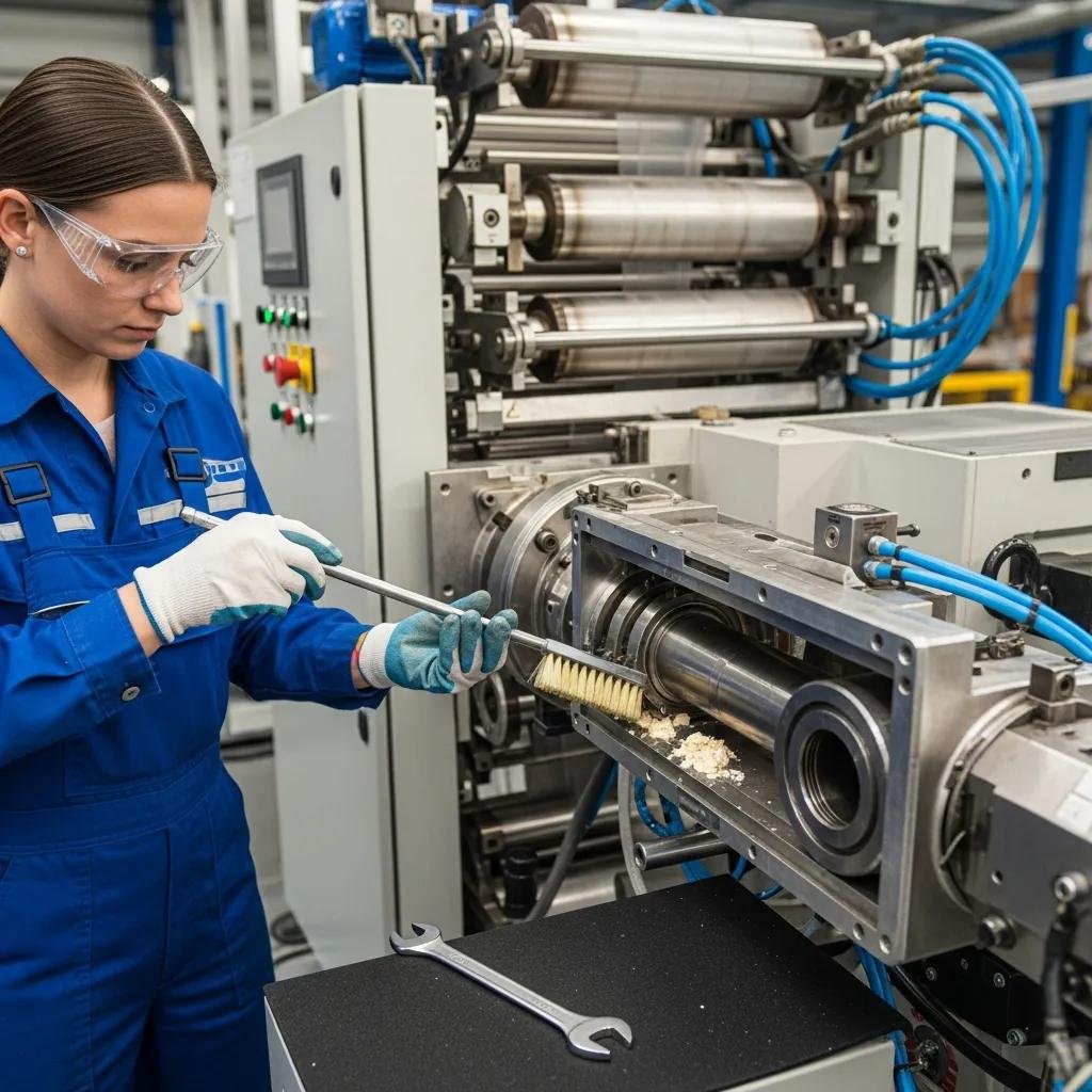 Technician performing maintenance on a bubble wrap machine