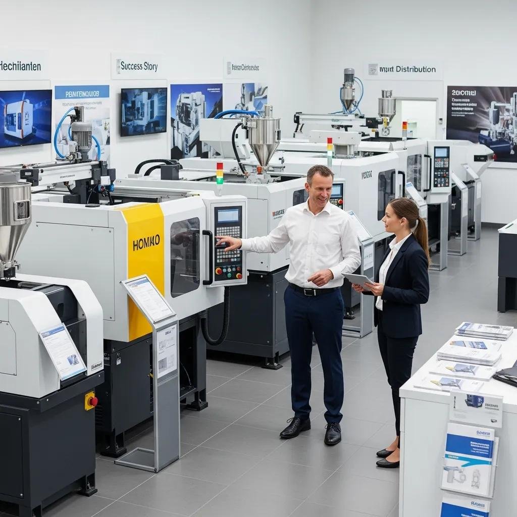 Trusted distributor's showroom with various plastic production machines, emphasizing reliability and expertise