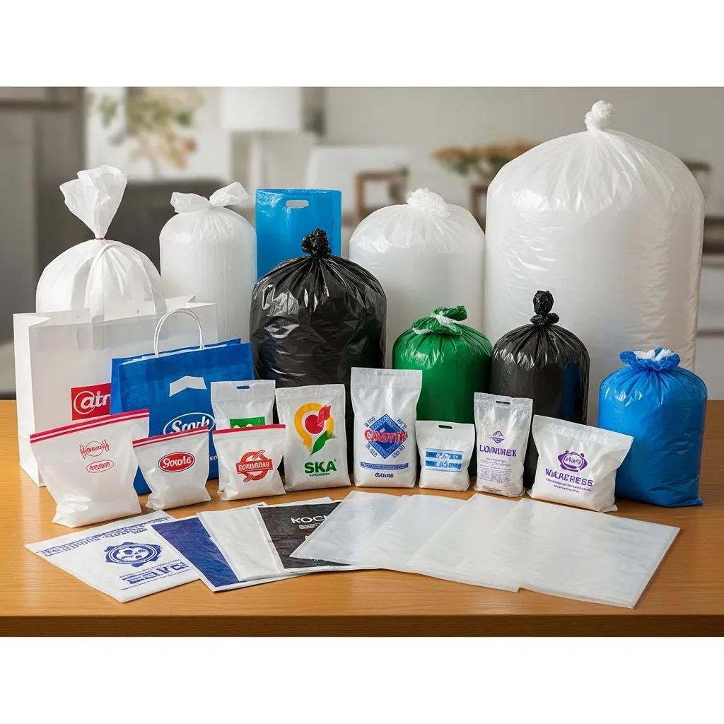 Variety of plastic bags showcasing different sizes and designs, emphasizing quality and versatility