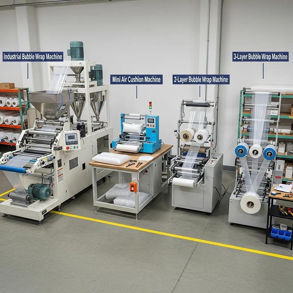 Various types of bubble wrap machines including industrial and mini models
