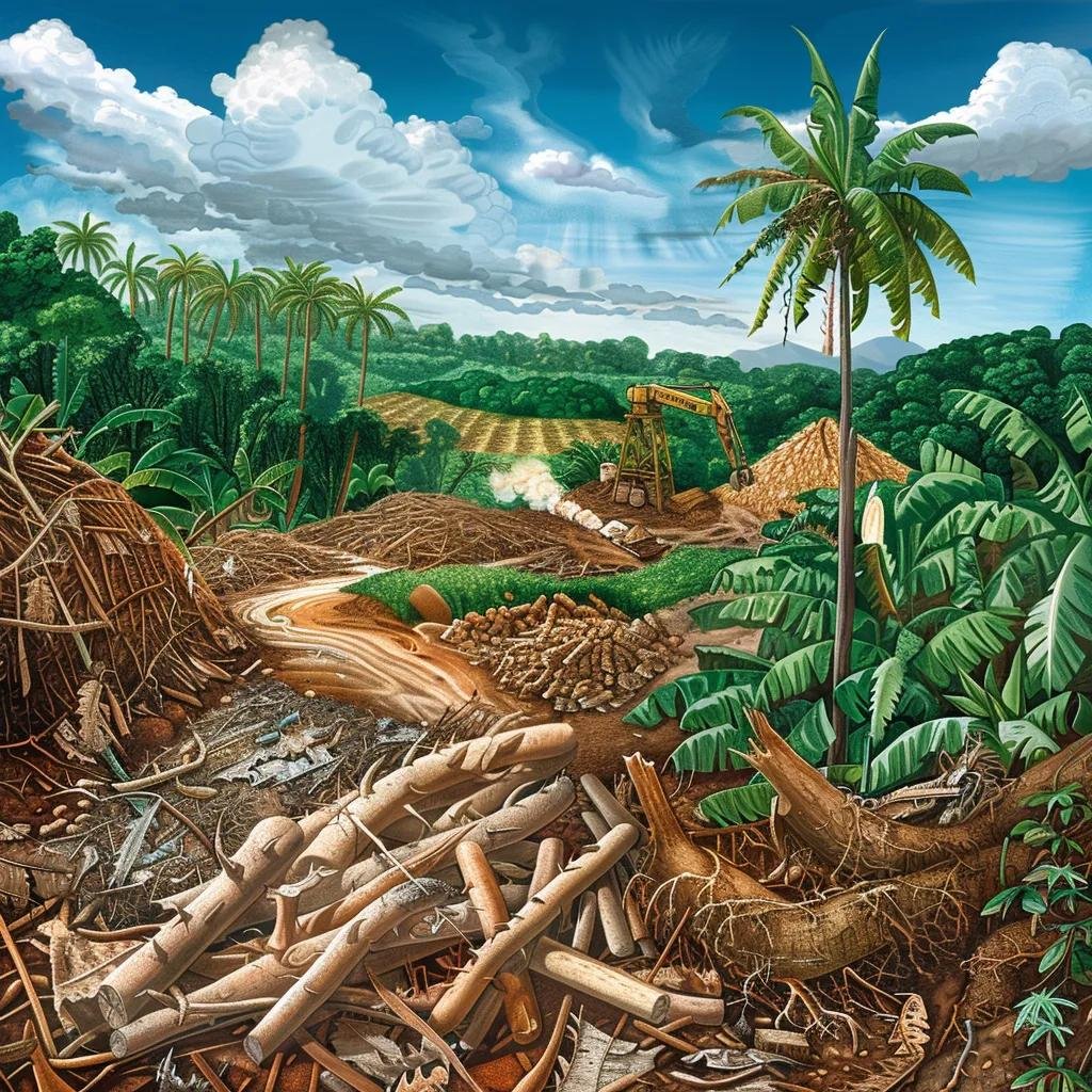Cassava plants and agricultural waste being processed into bioplastics