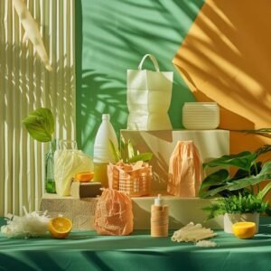 Eco-friendly biodegradable and compostable plastic products displayed in a natural setting