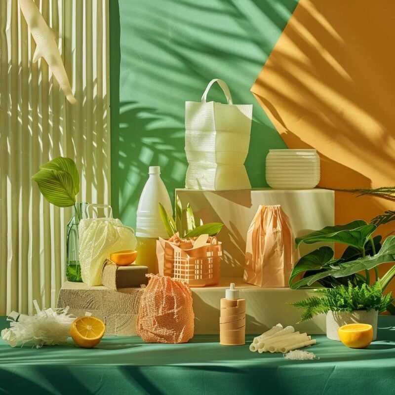 Eco-friendly biodegradable and compostable plastic products displayed in a natural setting
