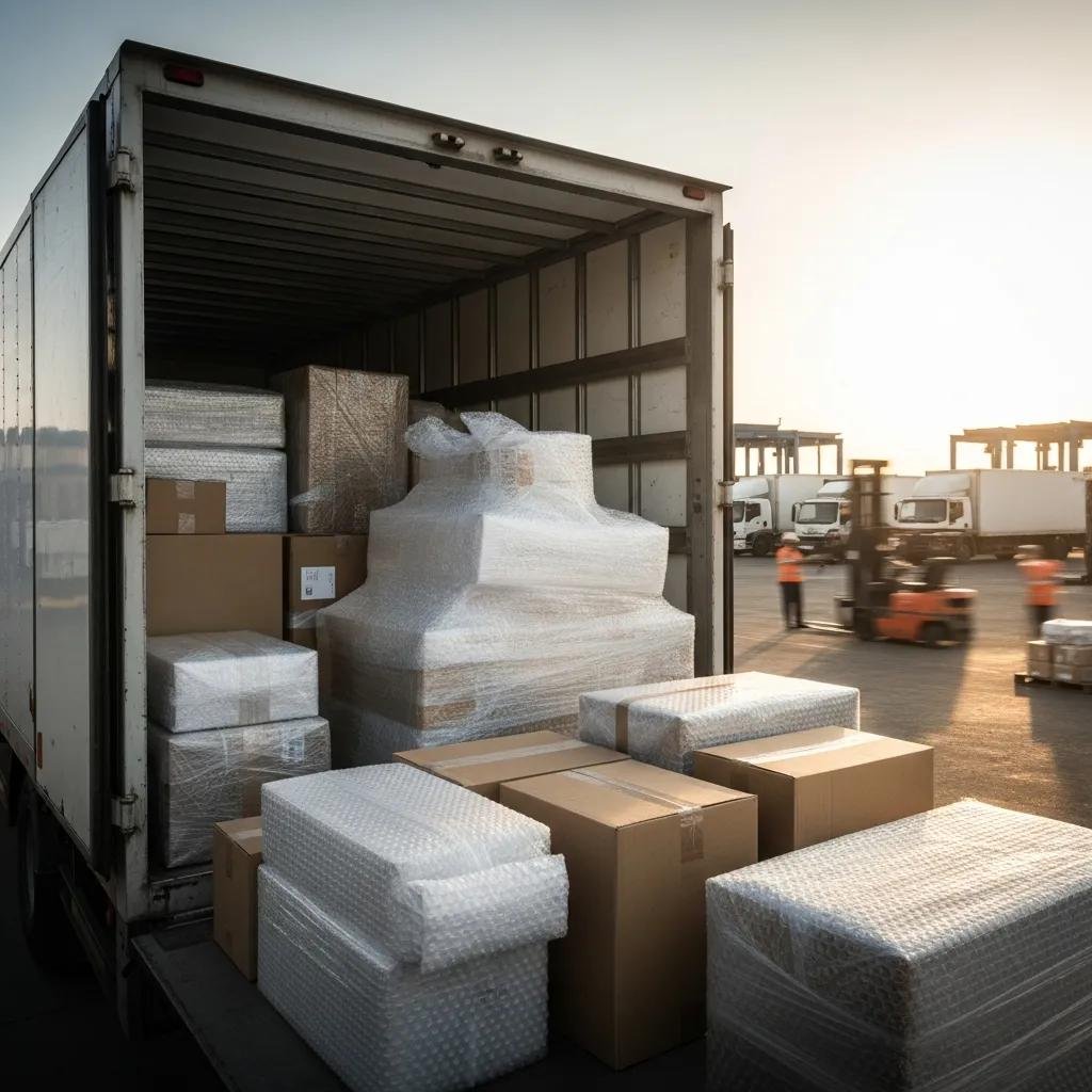 A delivery truck filled with packages wrapped in bubble wrap, illustrating cost efficiency in shipping and packaging