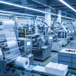 Automated plastic bag production line showcasing modern manufacturing technology