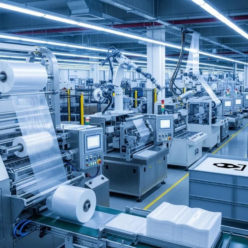Automated plastic bag production line showcasing modern manufacturing technology