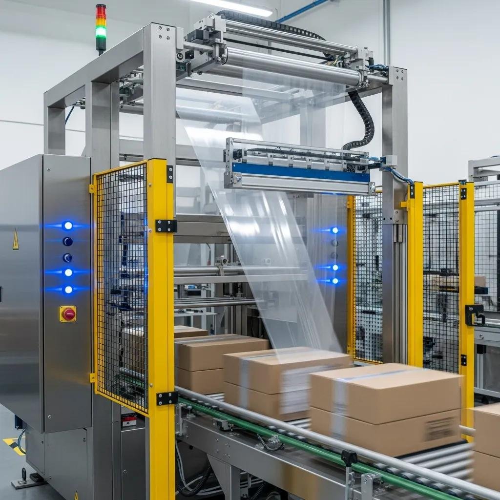 Automated stretch film machine wrapping products efficiently in a modern industrial setting