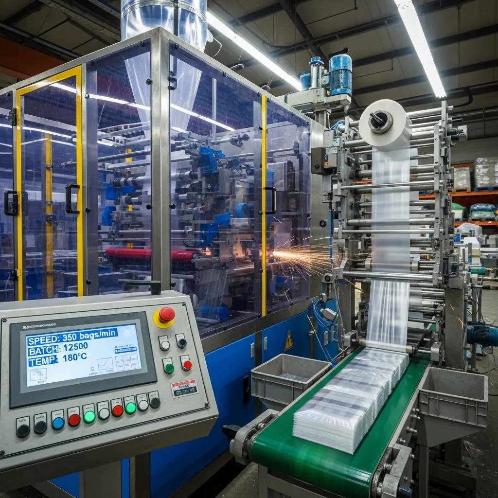 Automatic plastic bag machine in a factory showcasing its features and production efficiency