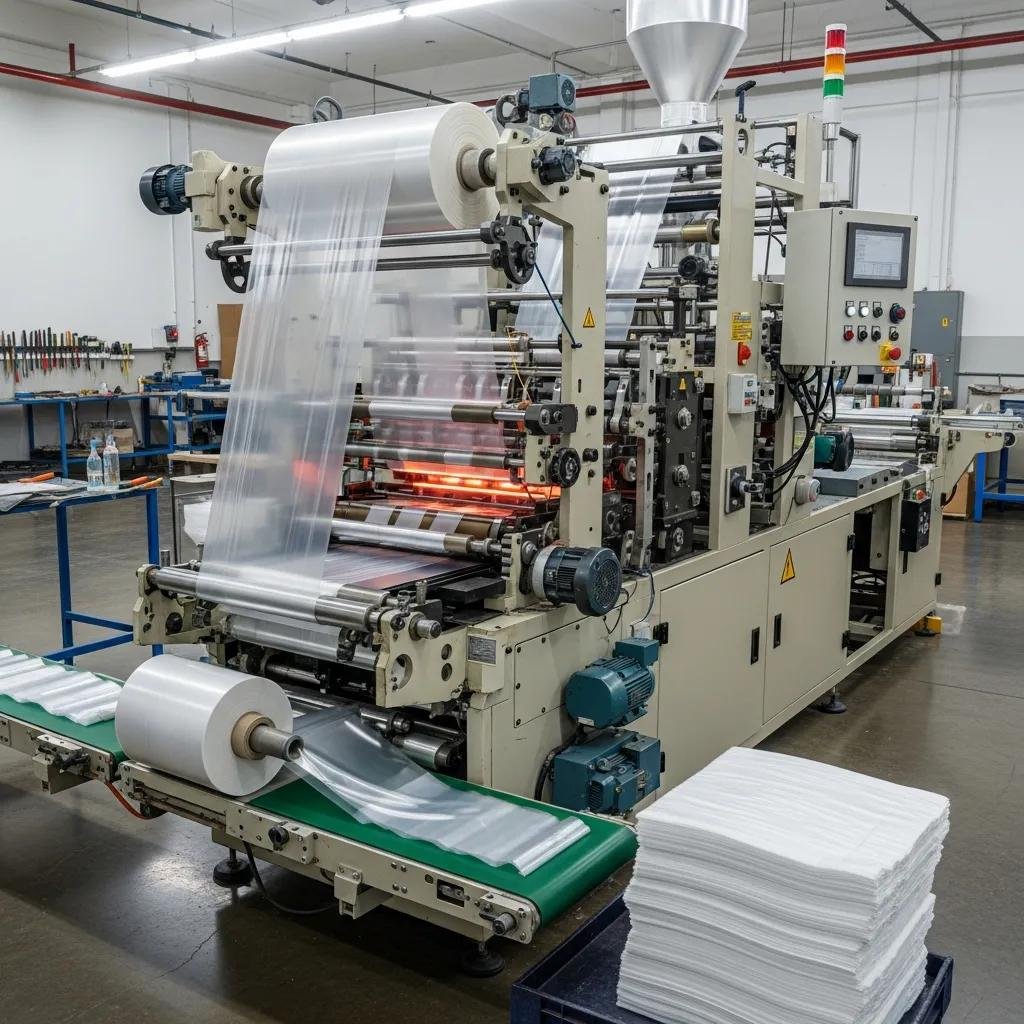 Automatic plastic bag making machine in action, producing bags in a factory setting