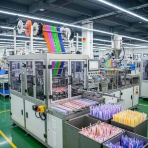 Automatic plastic straw machine in a factory producing colorful straws