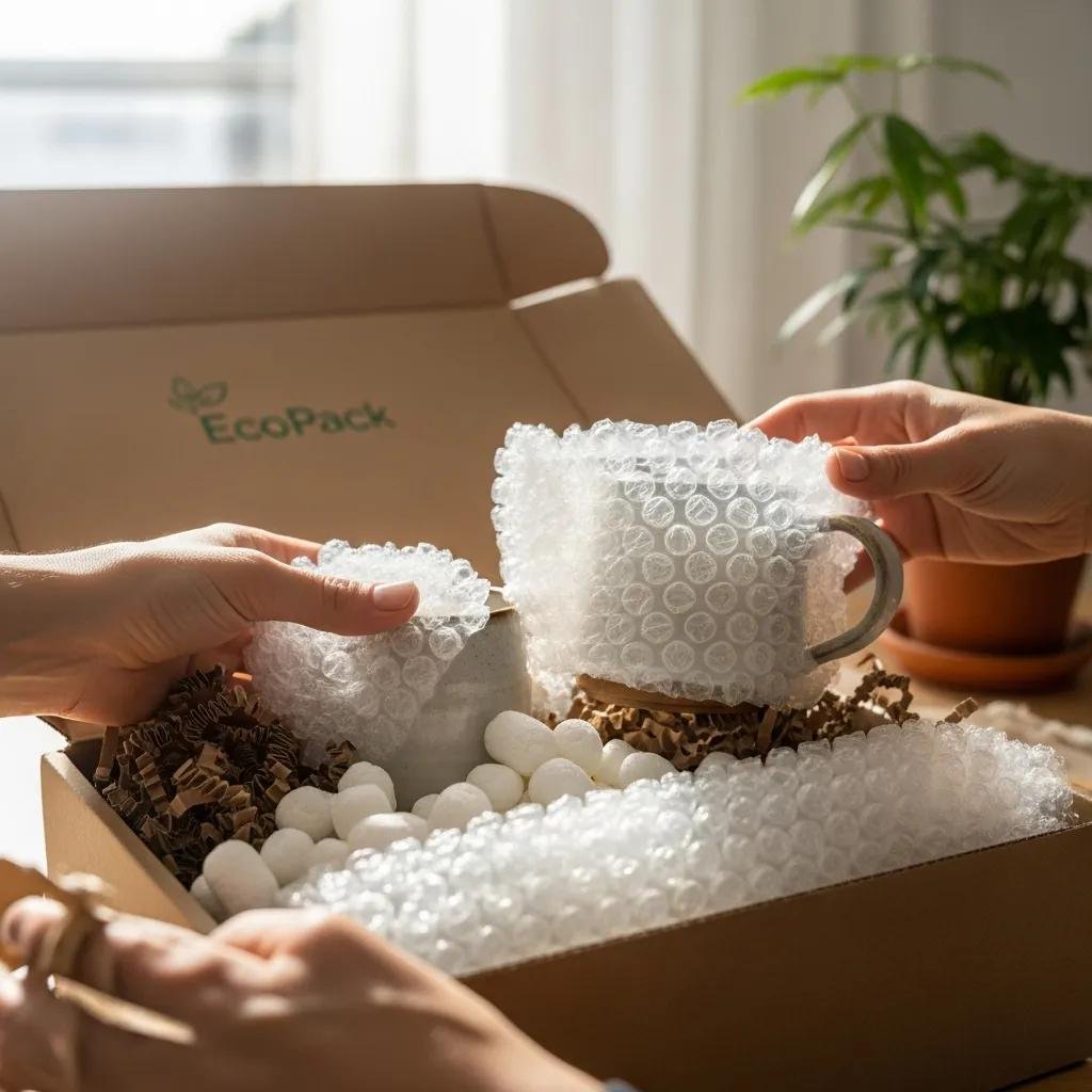 Biodegradable bubble wrap in sustainable packaging, emphasizing eco-friendly materials and practices