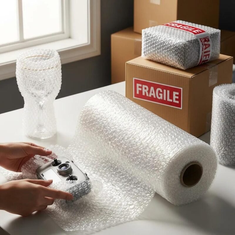 Bubble wrap roll with fragile products being wrapped for safe shipping
