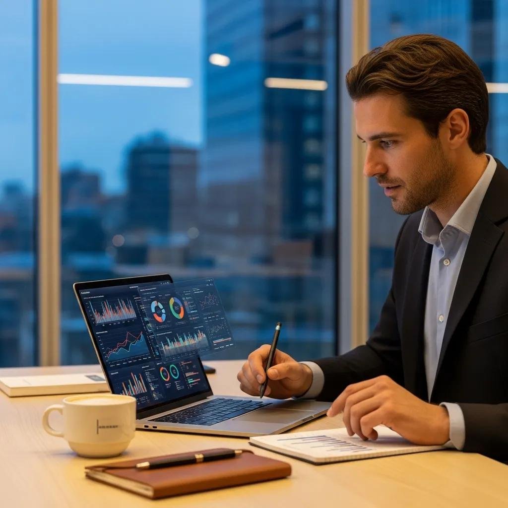 Business professional analyzing data on a laptop in a modern office, emphasizing decision-making