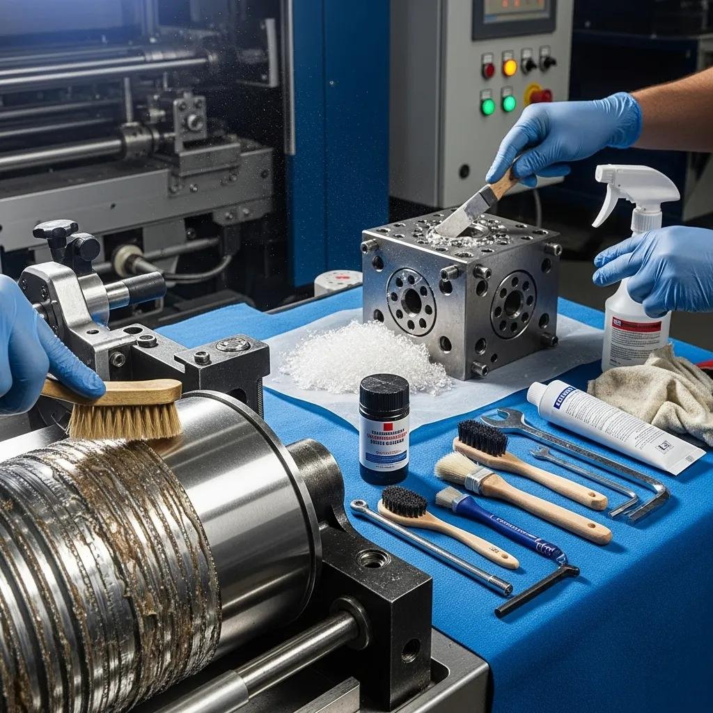 Cleaning and lubricating components of a bubble wrap machine, highlighting tools and process