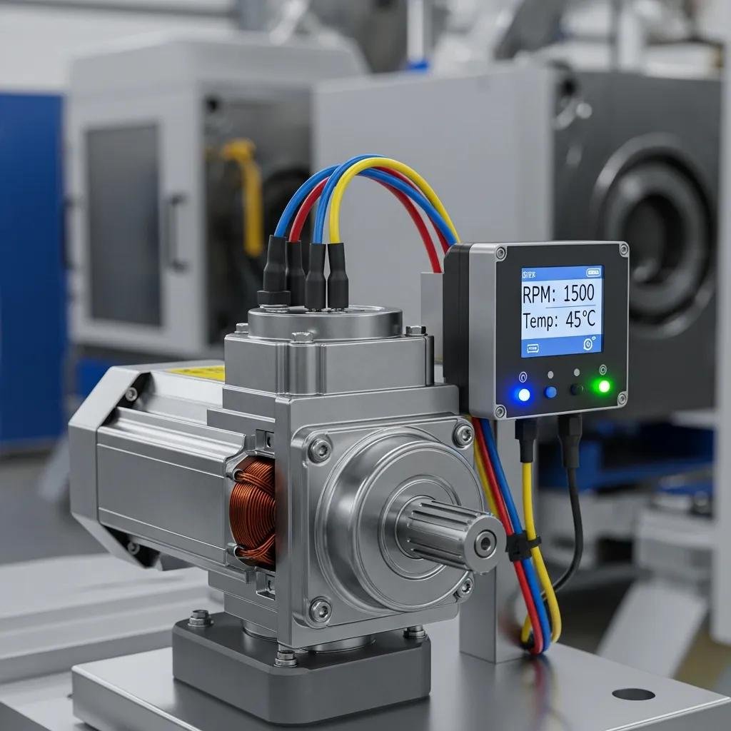 Close-up of a servo motor and smart control system in plastic production, showcasing precision technology