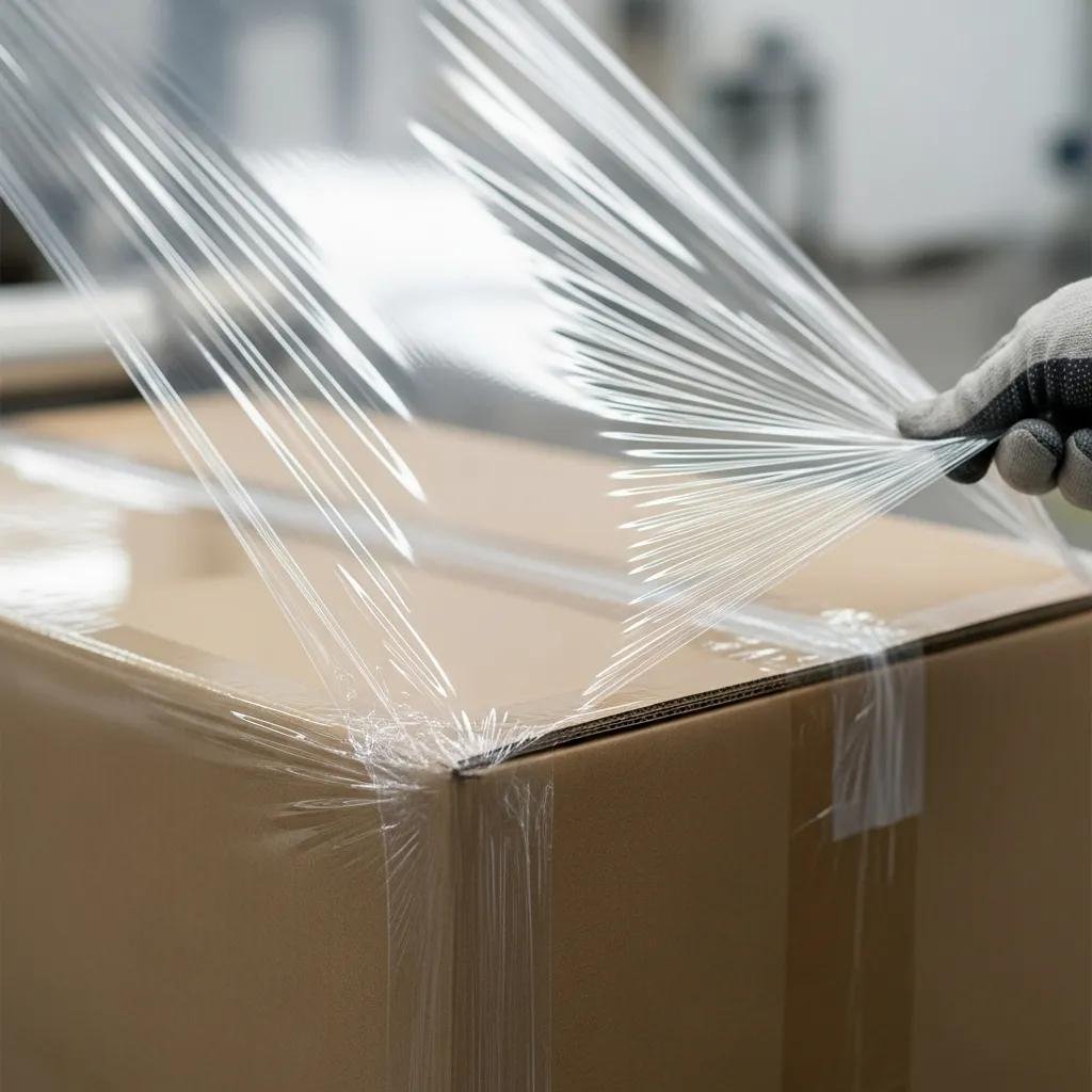 Close-up of pre-stretch film applied to a heavy package, showcasing its strength and efficiency