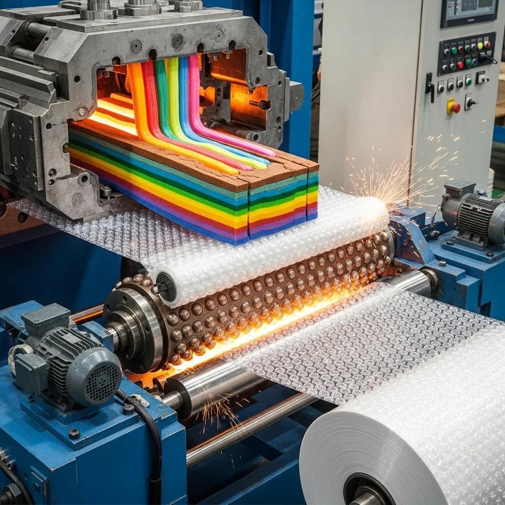 Co-extrusion process of bubble wrap showcasing multiple layers for enhanced strength and air retention