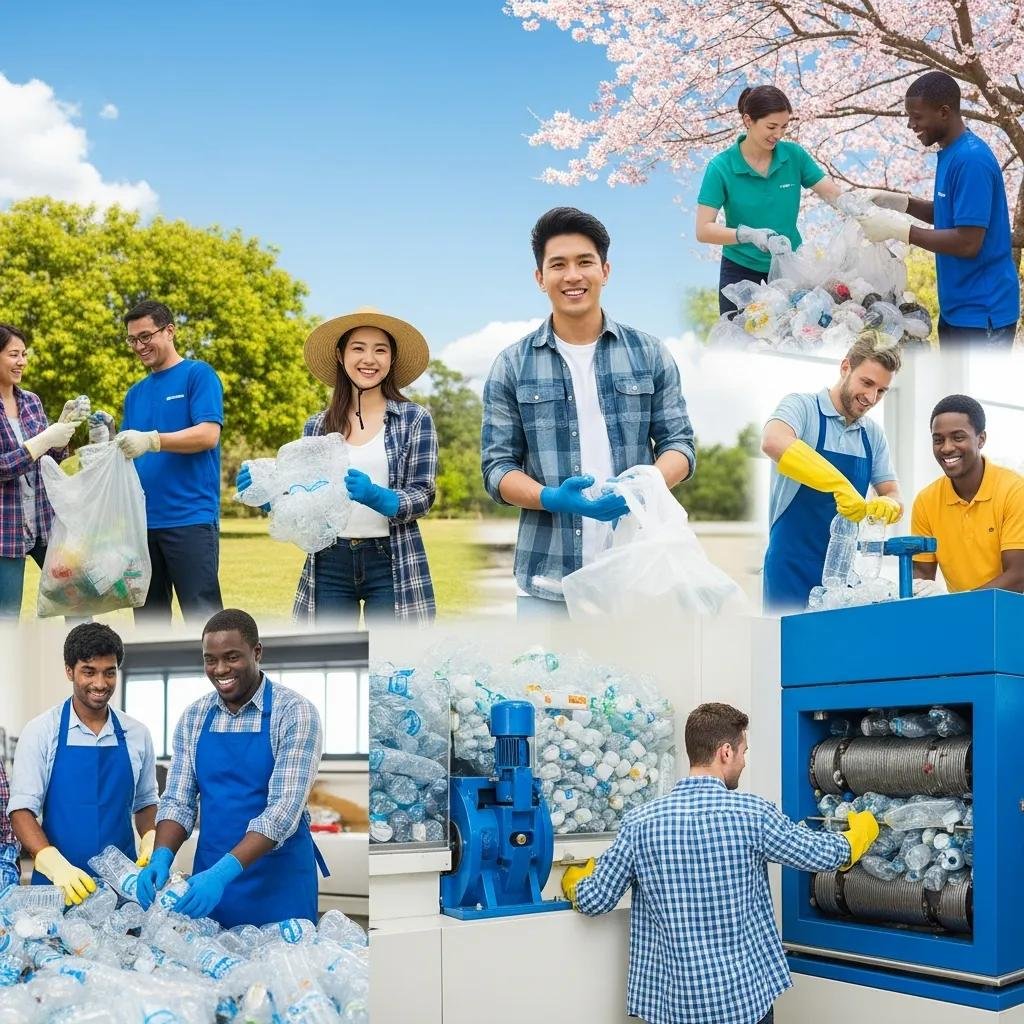 Community members participating in plastic recycling activities