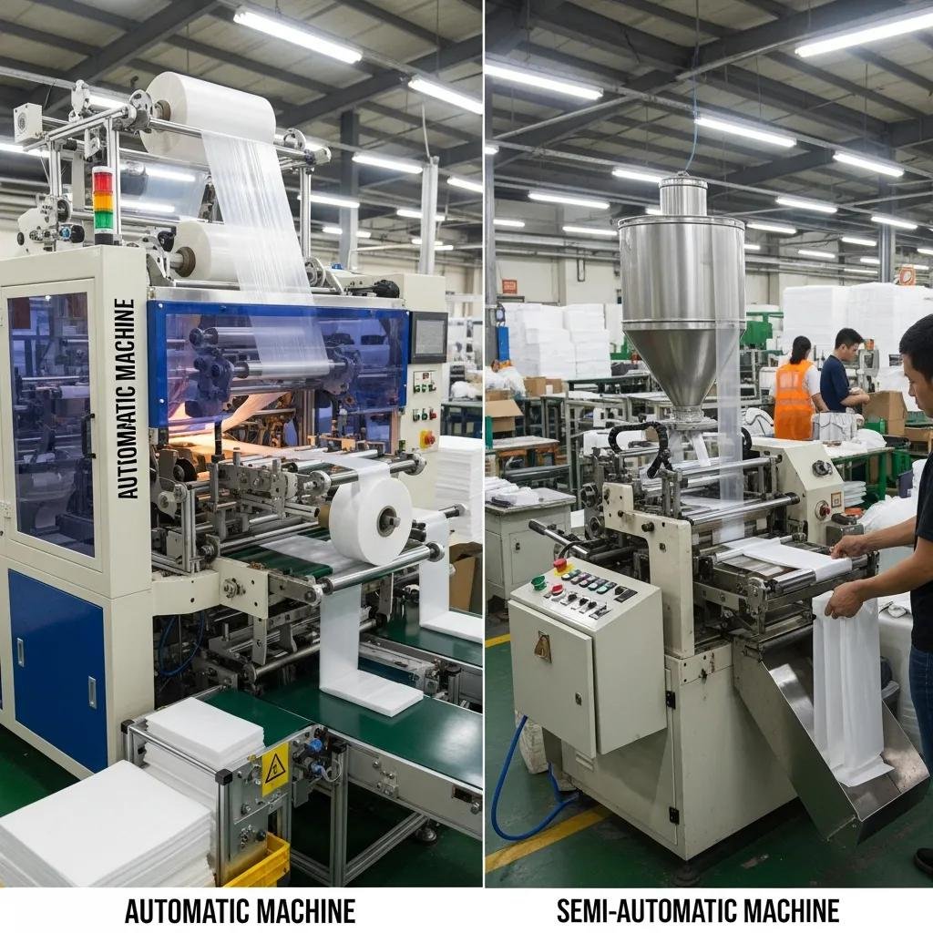 Comparison of automatic and semi-automatic plastic bag machines in a factory setting