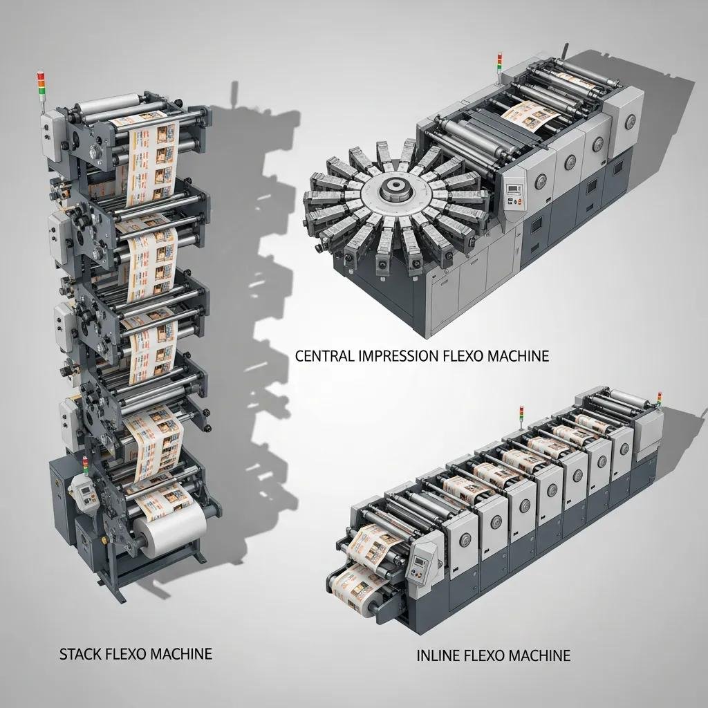 Comparison of Central Impression, Stack, and Inline flexo printing machines, showcasing their designs and functionalities