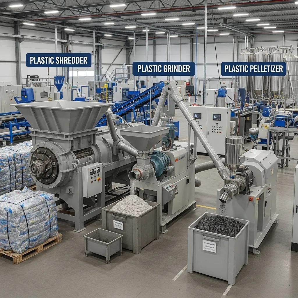 Different types of plastic recycling machines in an industrial setting