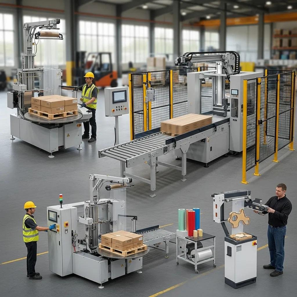 Different types of stretch film machines, including automatic and semi-automatic models in an industrial setting