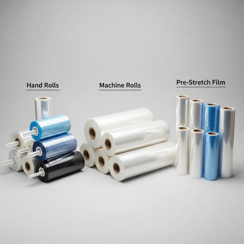 Different types of stretch film rolls including hand roll, machine roll, and pre-stretch film