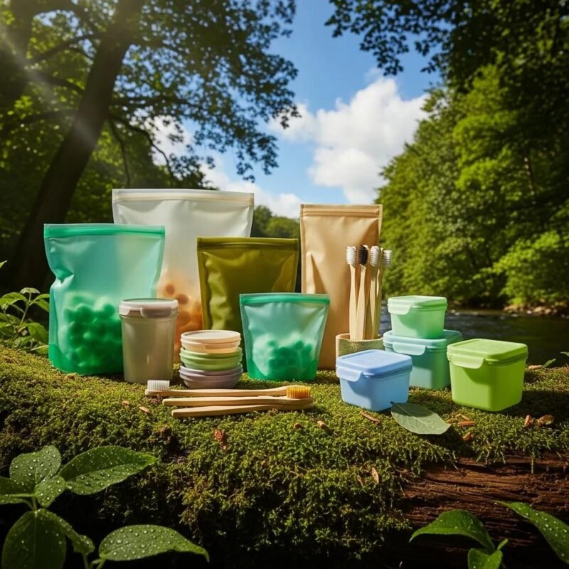 Diverse plastic products including biodegradable bags in a natural setting, highlighting sustainability in the plastic industry