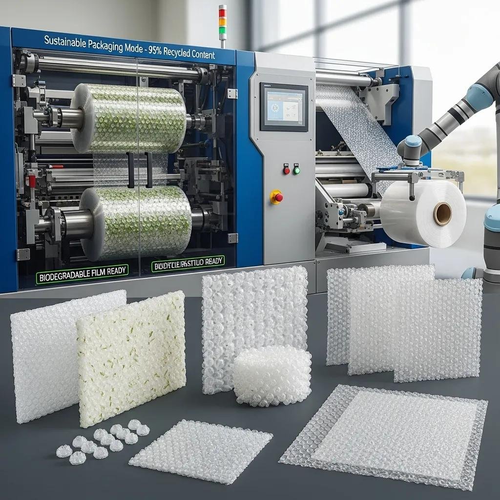 Eco-friendly bubble wrap materials displayed with a modern bubble wrap machine
