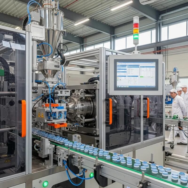 Energy-efficient plastic production machine in a modern factory, highlighting advanced technology and sustainability