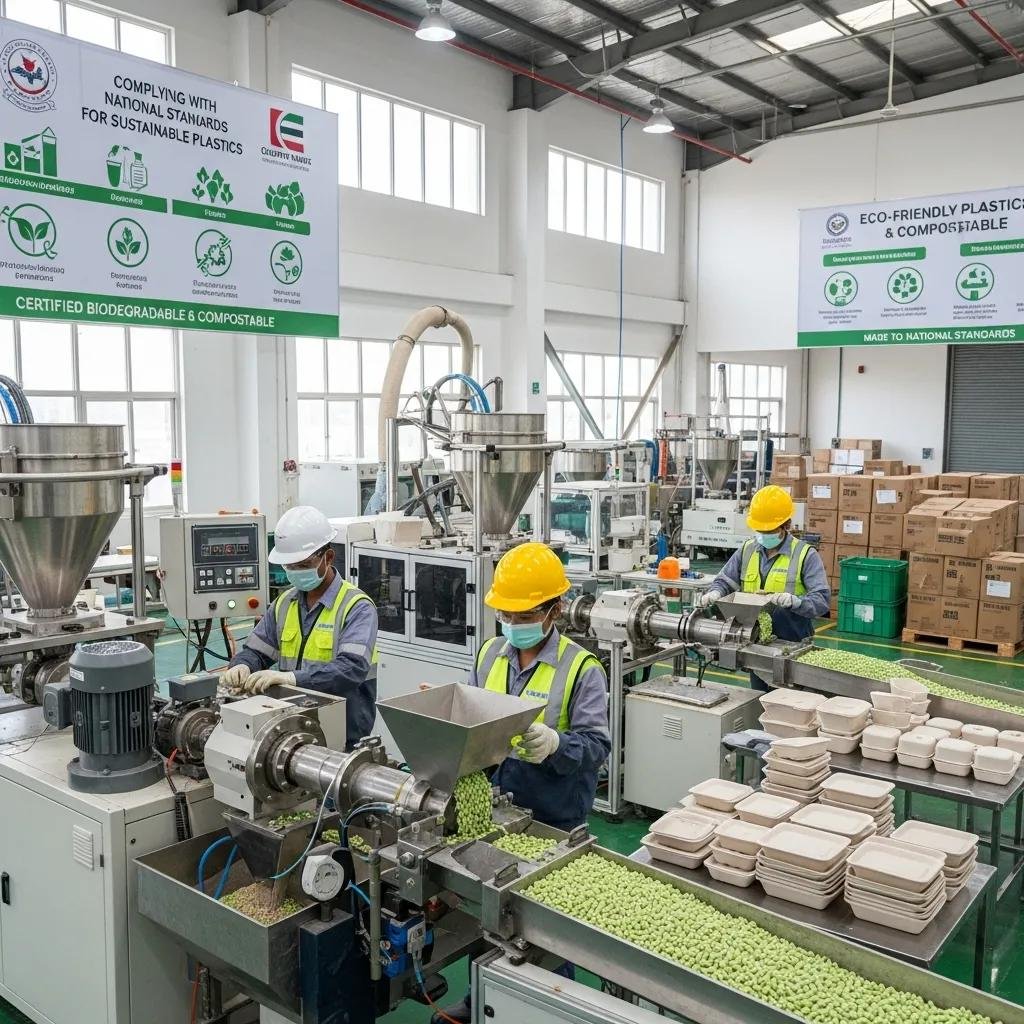 Factory scene with workers producing eco-friendly plastic products, illustrating the role of national standards in sustainability