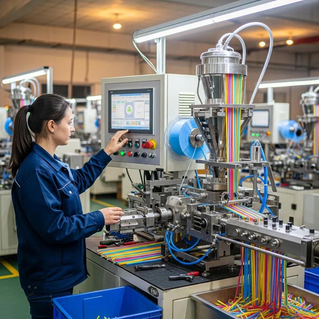 Factory worker operating an automatic plastic straw machine, showcasing productivity and modern technology