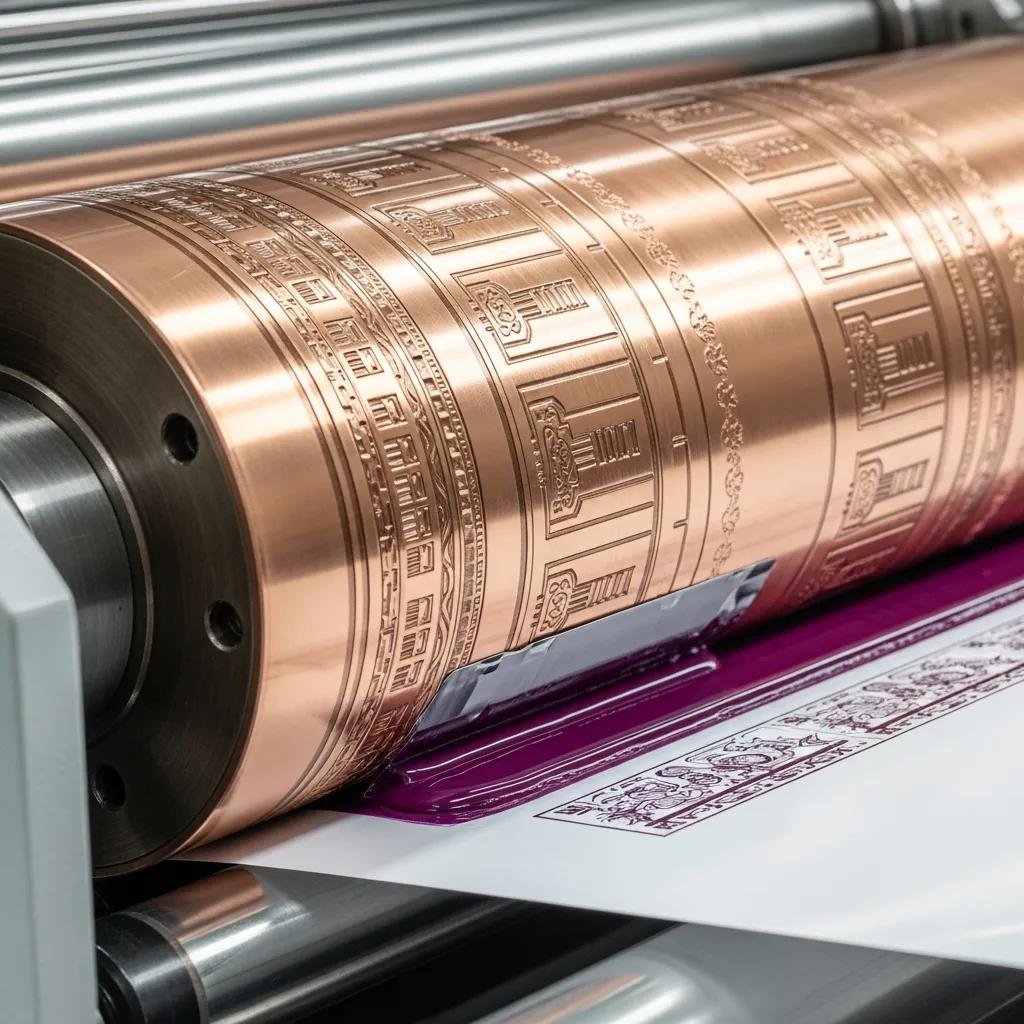 Illustration of intaglio printing process highlighting engraved cylinder and ink transfer